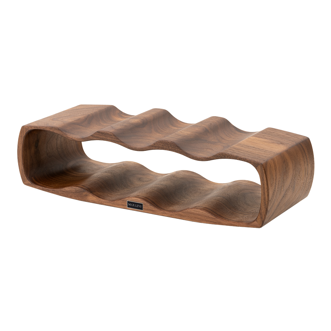 Max Levi Art American Walnut wood wine rack, wine stand rack, a wine rack, corner image without bottles