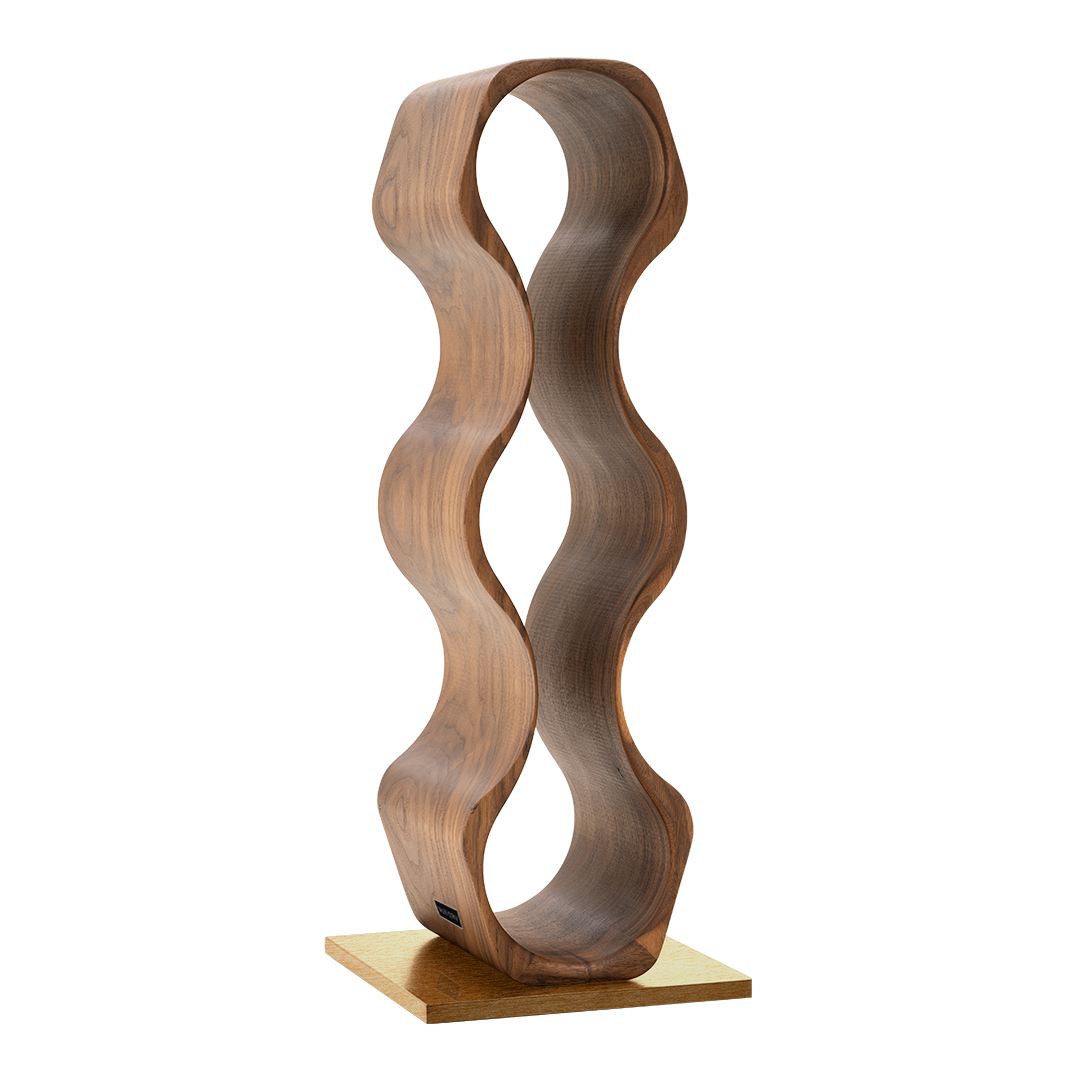 Max Levi Harmony American Walnut wood wine rack, wine stand rack, a wine rack, corner image without bottles, gold stand