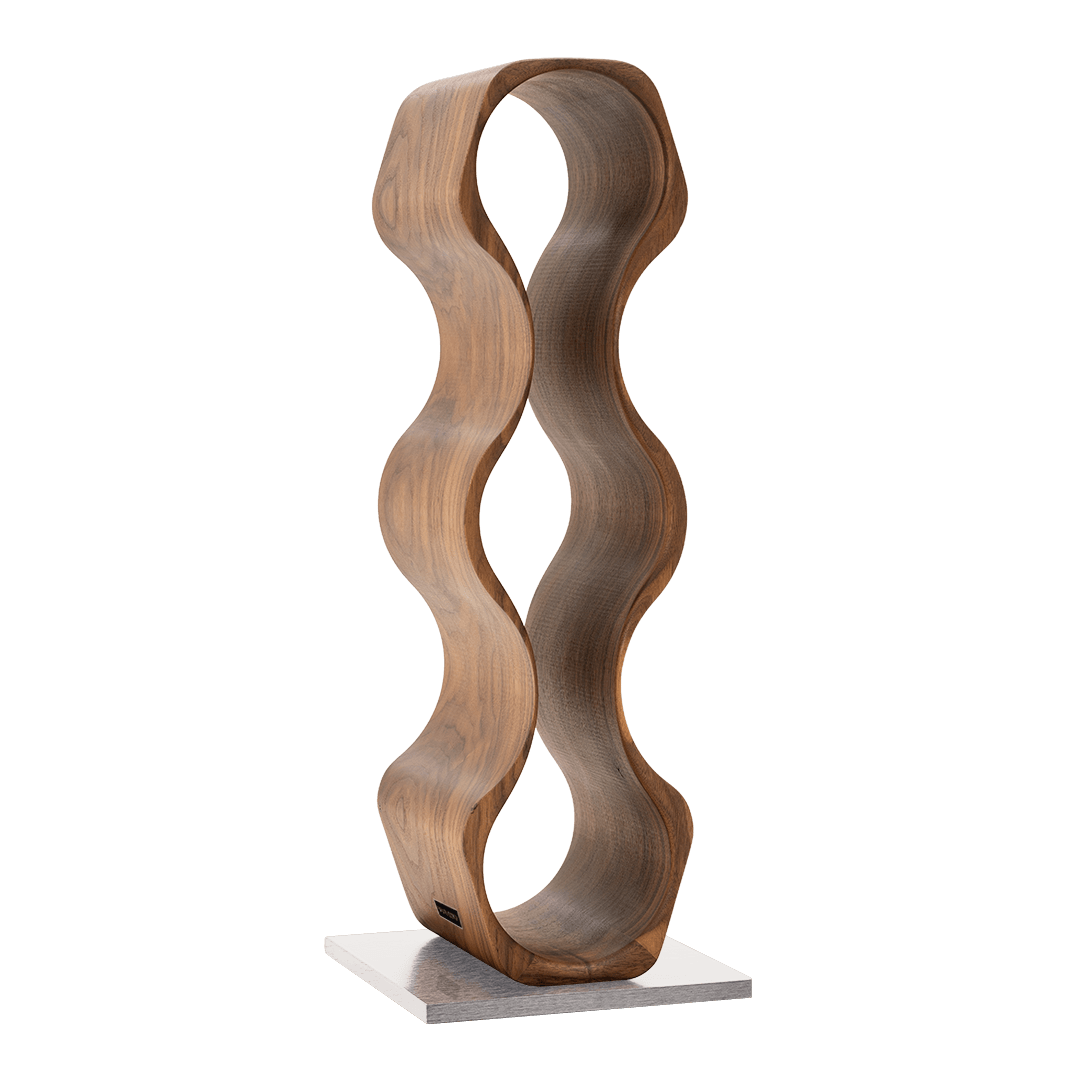 Max Levi Harmony American Walnut wood wine rack, wine stand rack, a wine rack, corner image without bottles, silver stand