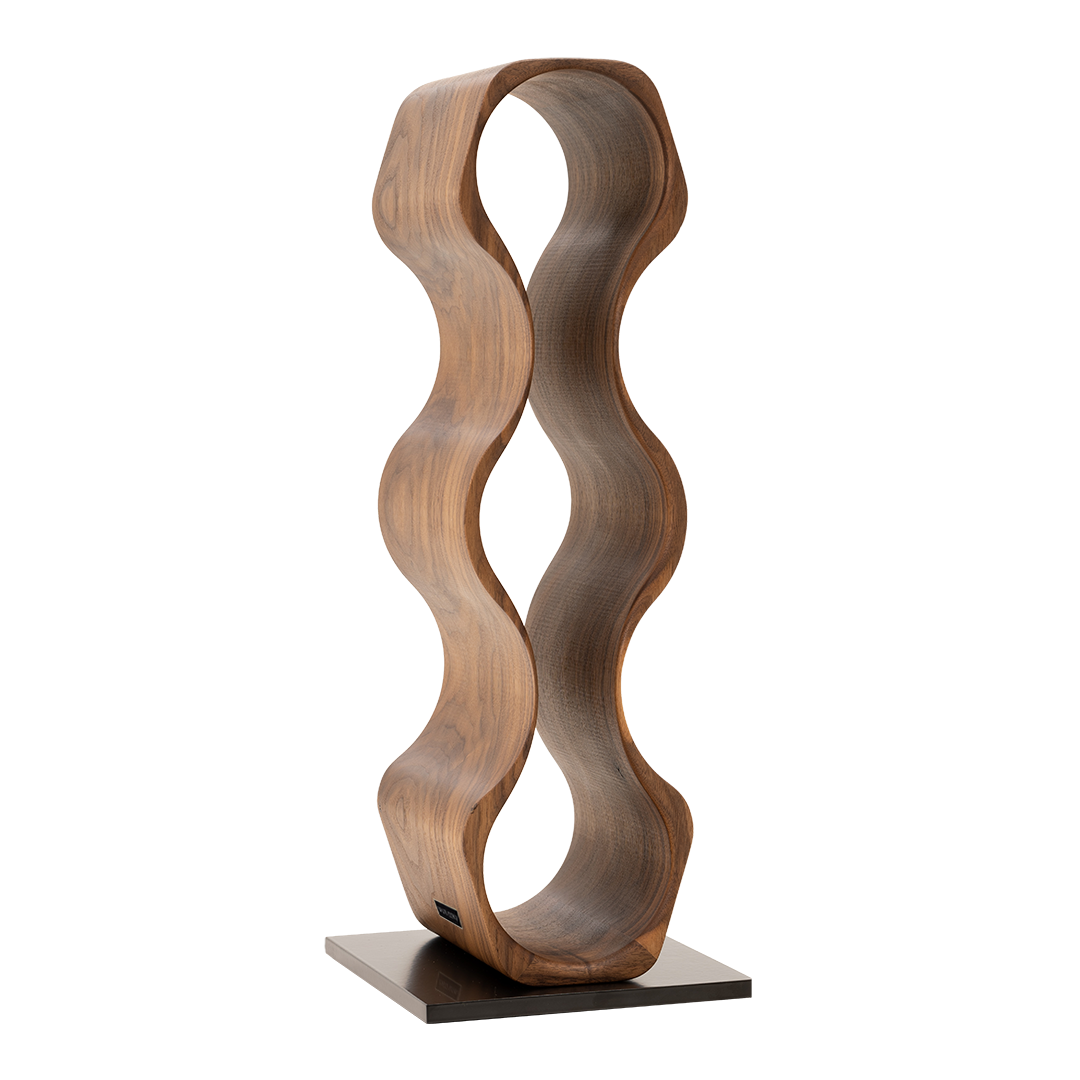Max Levi Harmony American Walnut wood wine rack, wine stand rack, a wine rack, corner image without bottles, black stand