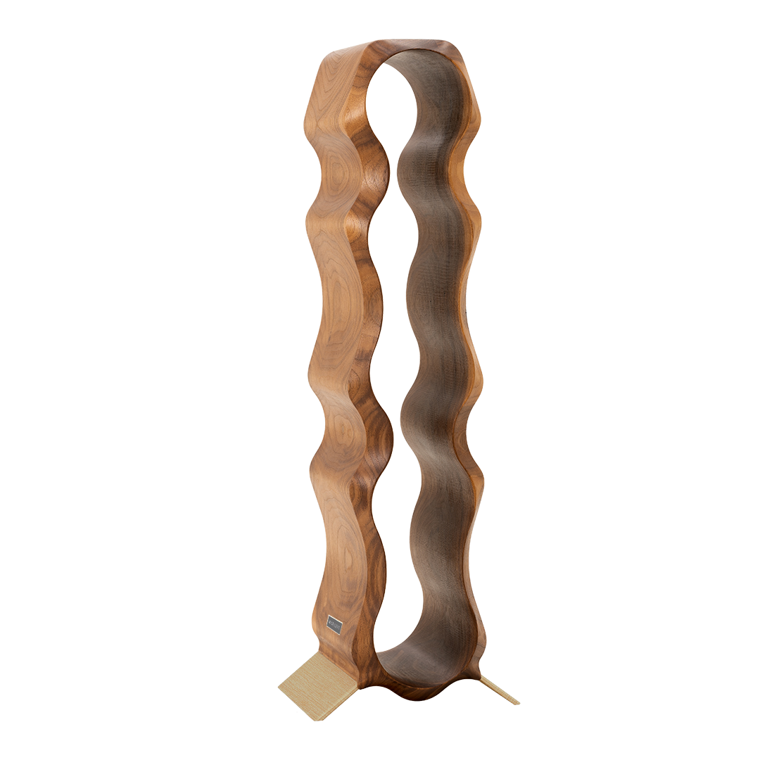 Max Levi Natura American Walnut wood wine rack, wine stand rack, a wine rack, gold stand, corner image without bottles