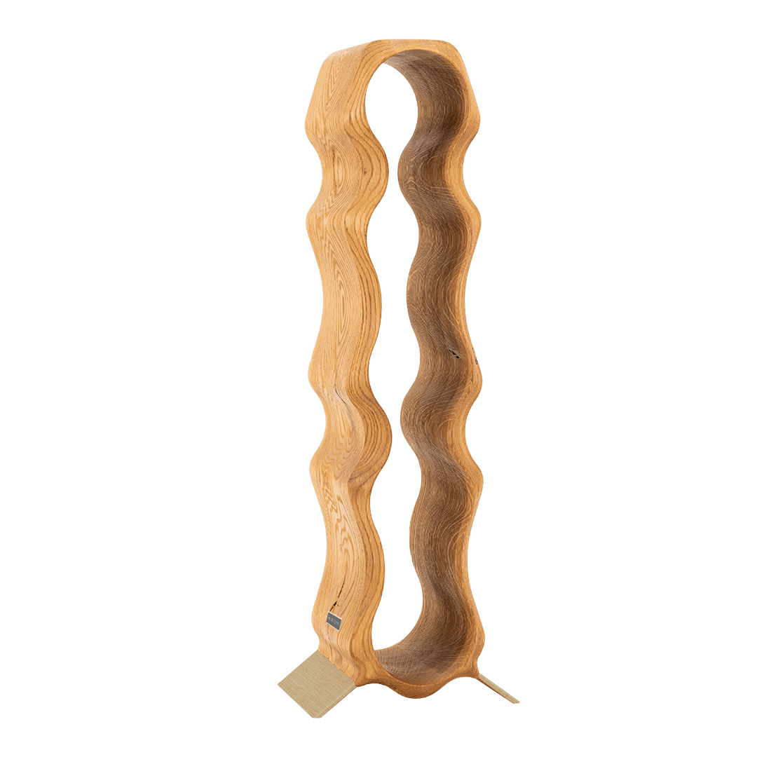 Max Levi Natura Rustic Brushed Oak wood wine rack, wine stand rack, a wine rack, gold stand, corner image without bottles 