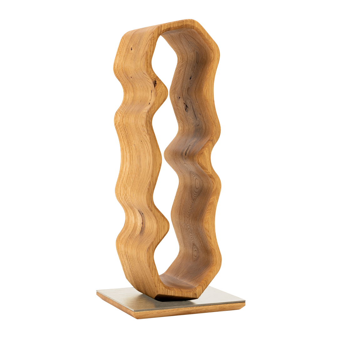 Max Levi Warp Rustic Brushed Oak wood wine rack, wine stand rack, a wine rack, silver stand, corner image without bottles