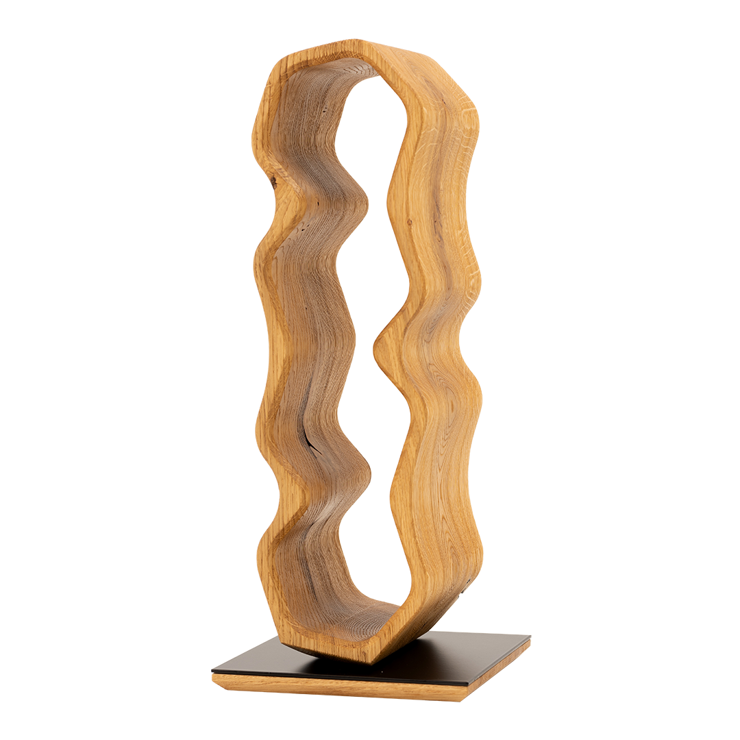 Max Levi Warp Rustic Brushed Oak wood wine rack, wine stand rack, a wine rack, black stand, corner image without bottles